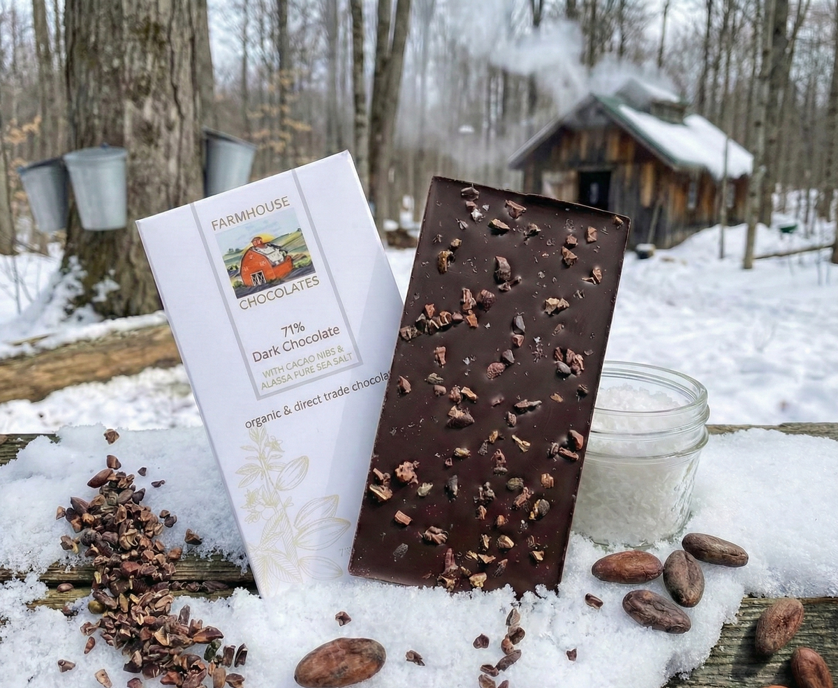 71% Organic Chocolate Bar w/ Cacao Nibs & Alaskan Sea Salt | Farmhouse Chocolates | 2 oz.