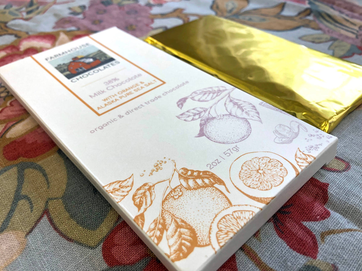 38% Organic Milk Chocolate Bar w/ Orange & Alaskan Sea Salt | Farmhouse Chocolates | 2 oz